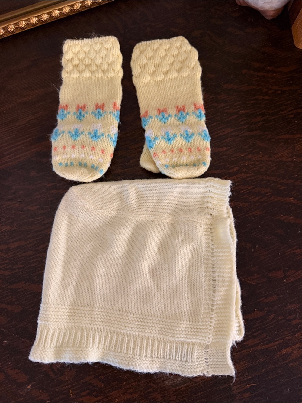 Vintage handmade Soft Cream Knit Socks and Bonnet Set - light yellow